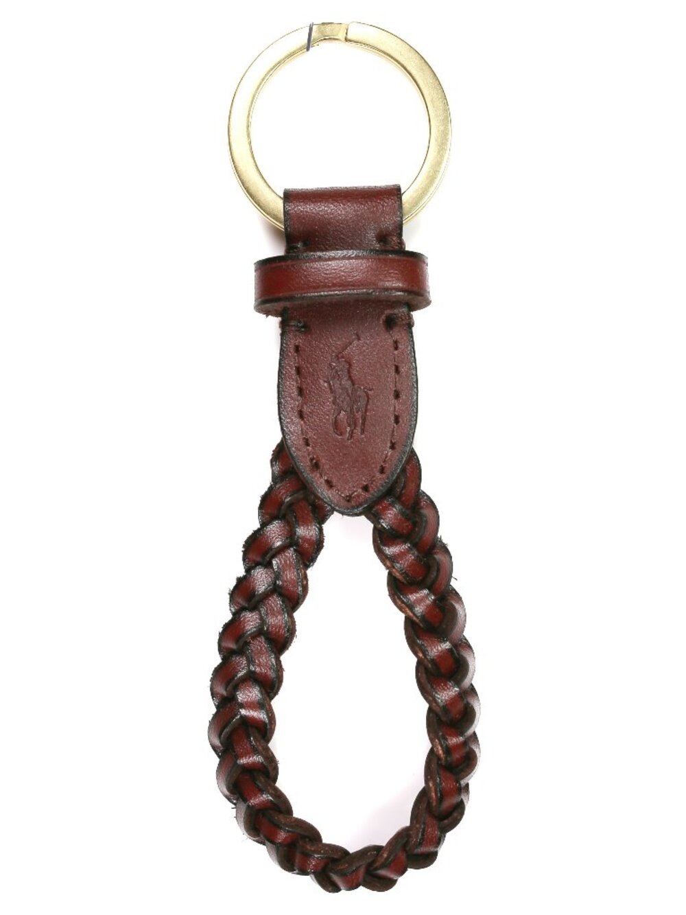 NWT Polo Ralph Lauren Braided Brown Leather Keychain Key Fob Gold Tone